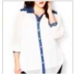 CHIFFON BLOUSE, OFF WHITE, SIZE 4X, BLUE DENIM TRIM, LONG SLEEVES, PENNINGTONS,